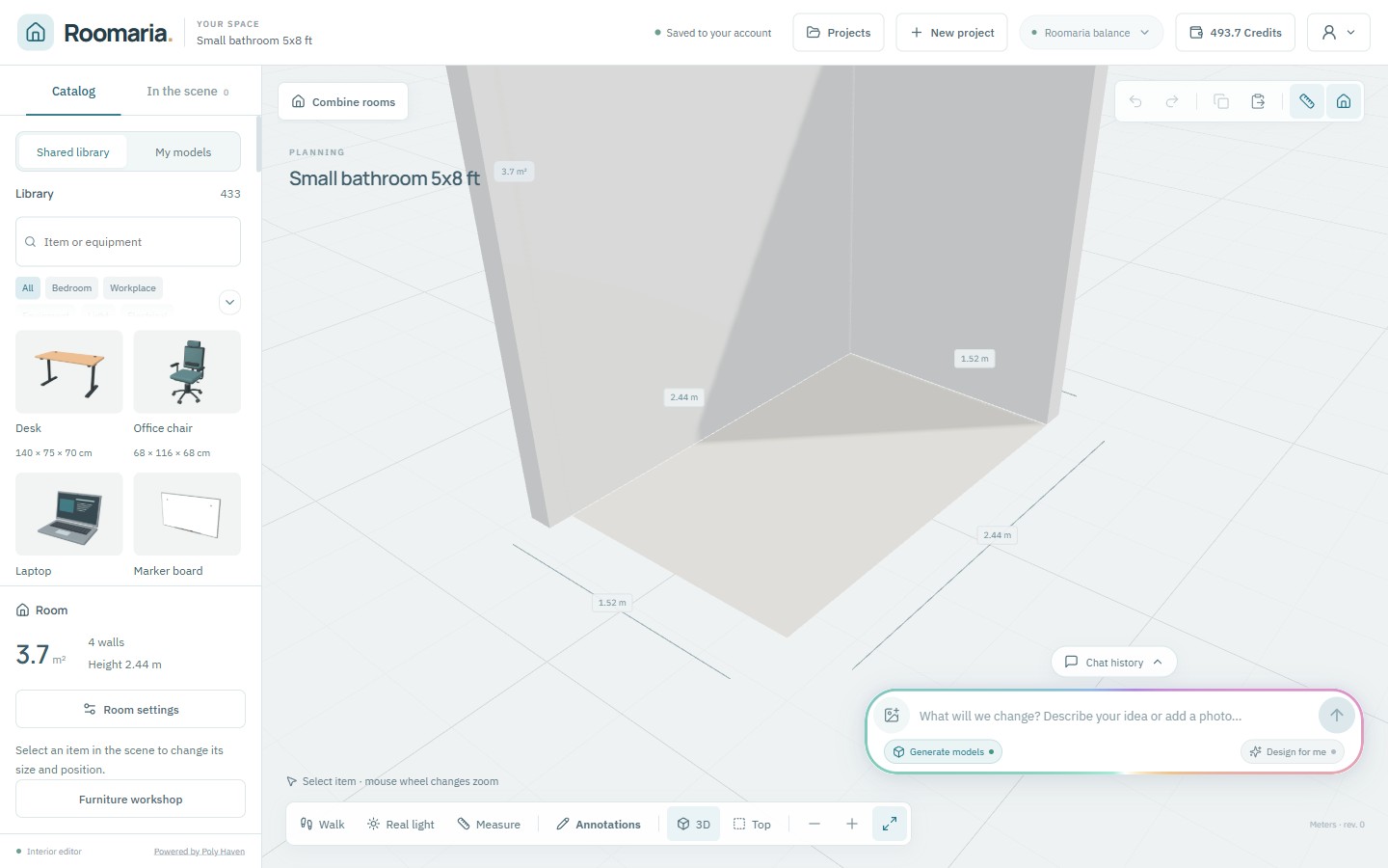 An empty 5 by 8 foot room in the Roomaria editor