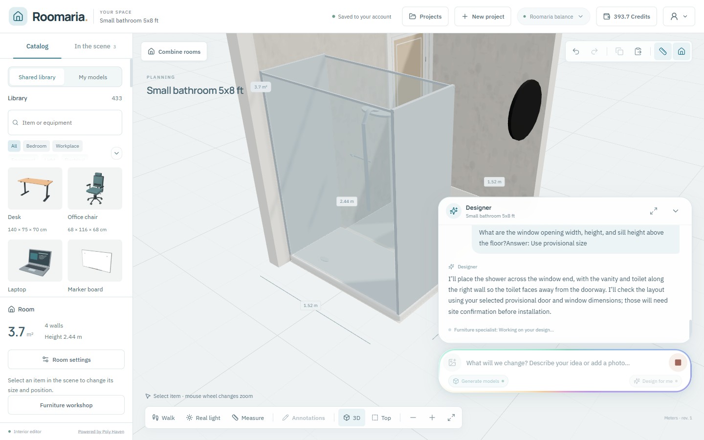 The shower is placed while the designer explains the layout in the chat