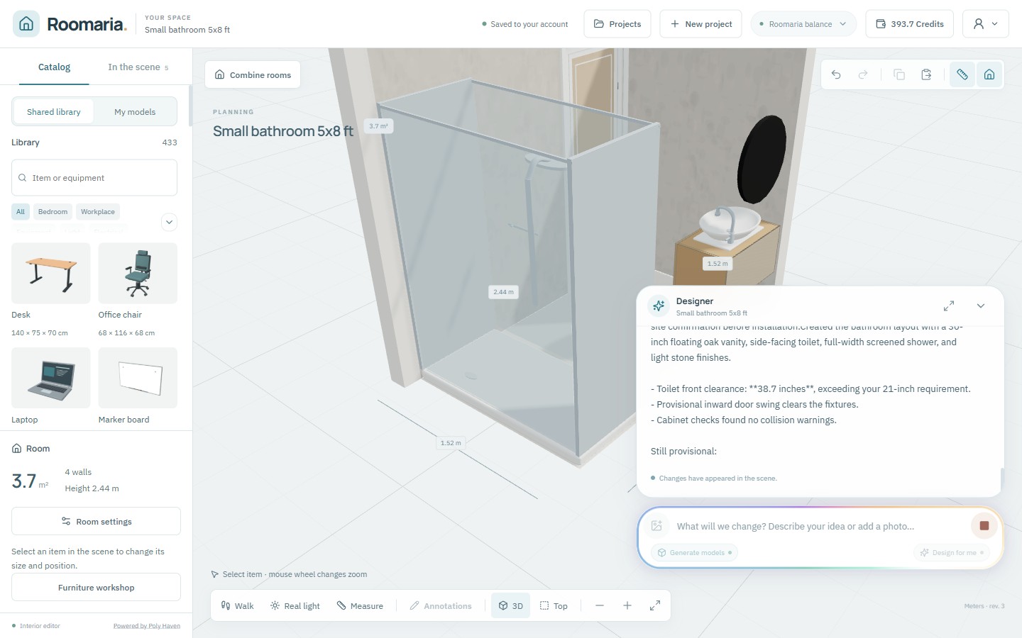The designer's report: toilet front clearance 38.7 inches, door swing clears the fixtures