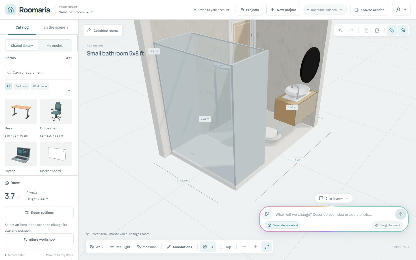 First version in 3D: shower, floating vanity, toilet