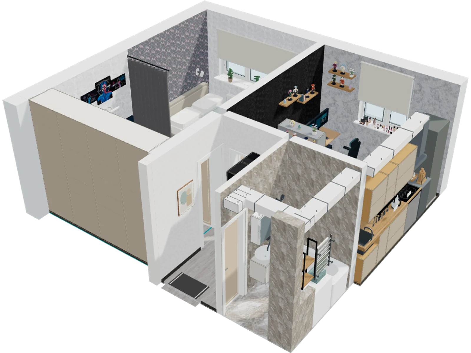 Apartment overview: bedroom, kitchen, hallway and bathroom