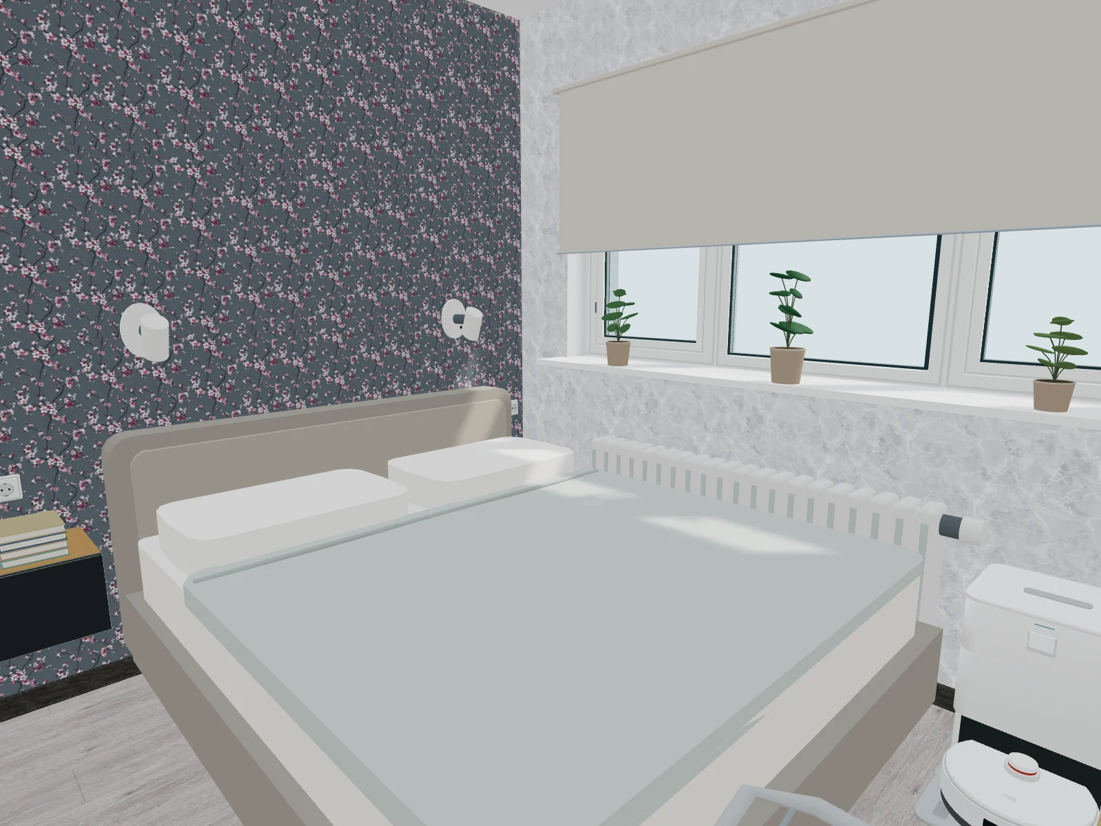 Inside the bedroom: bed, textured wallpaper and finishes from samples