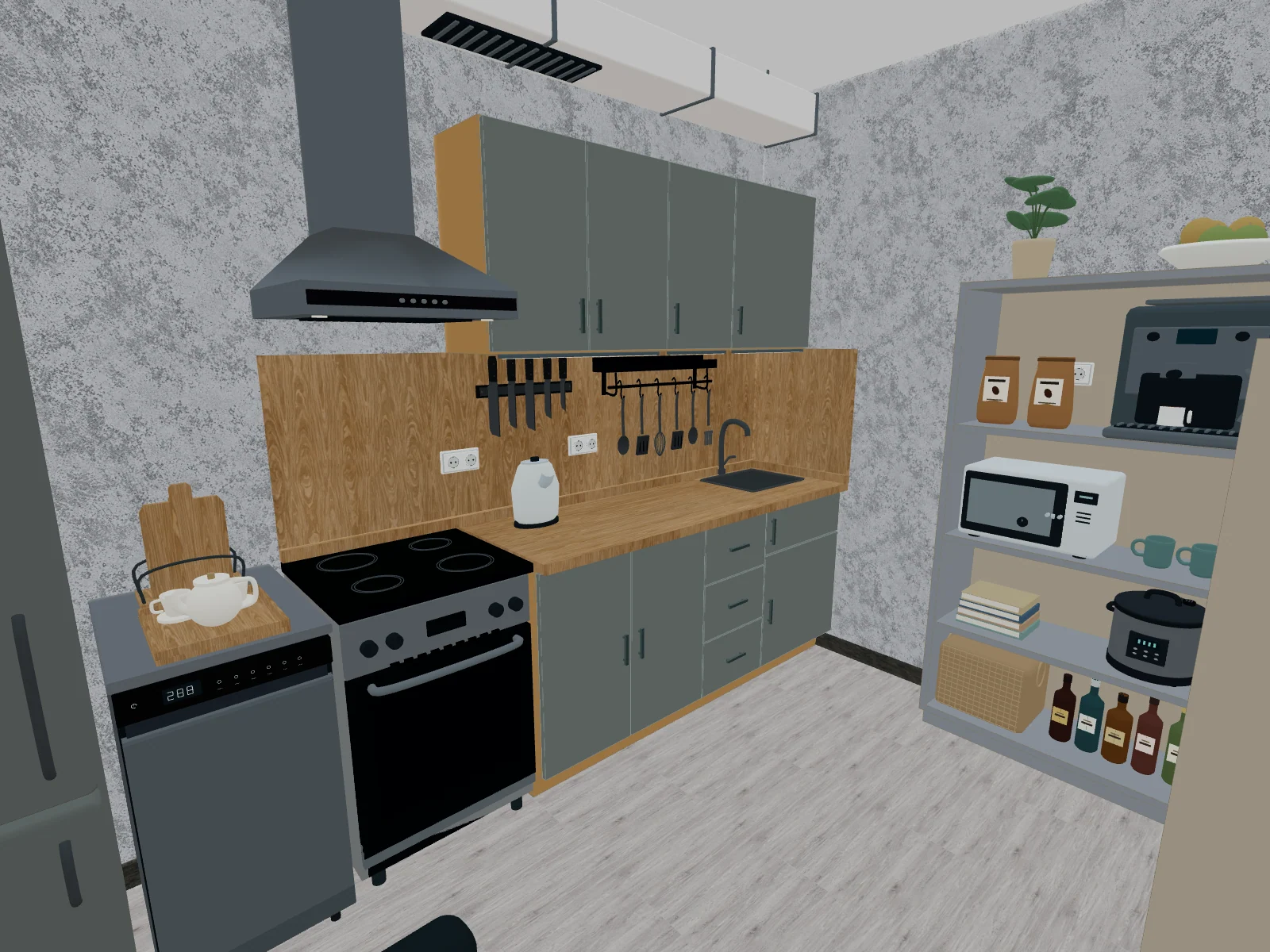 Inside the kitchen: fitted furniture, appliances and objects on shelves